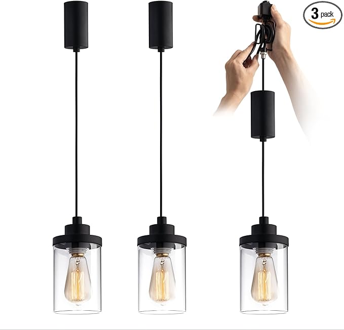 mirrea H Type Cord Adjustable Black Track Lighting Pendant with Clear Glass Shade Pack of 3