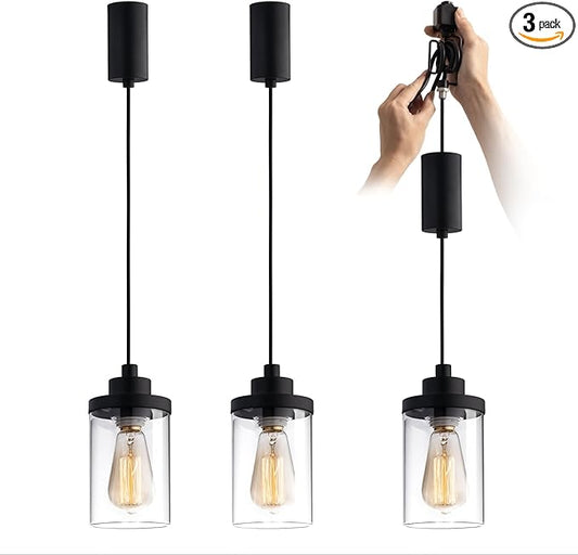 mirrea H Type Cord Adjustable Black Track Lighting Pendant with Clear Glass Shade Pack of 3