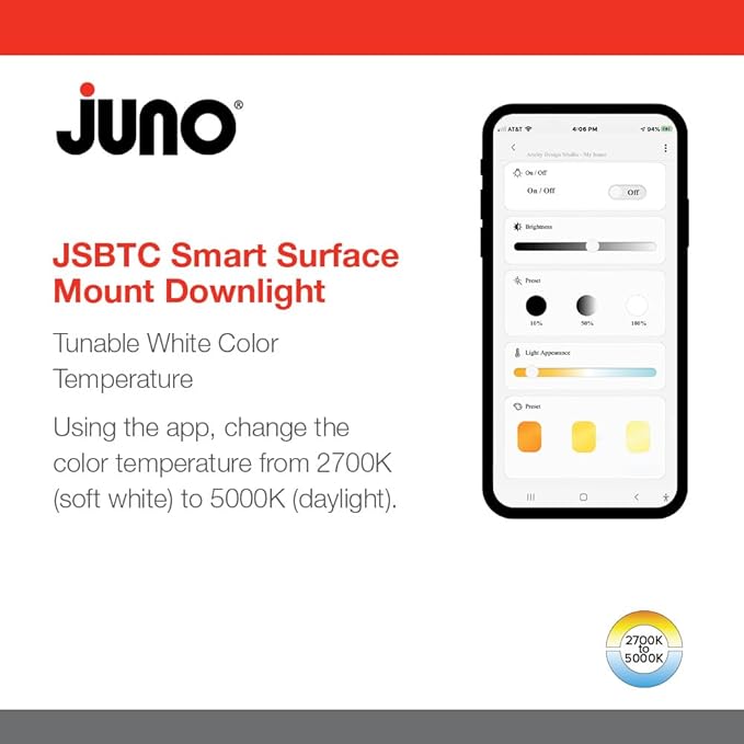 Juno JSBTC 6IN TUWH 90CRI WL MW M6 Smart Surface Mount Disk Light, 2700K-5000K Tunable, 1100 Lumens, Connect with Zigbee or Bluetooth, Works with Alexa, Google Home, or SmartThings, 6-Inch, White