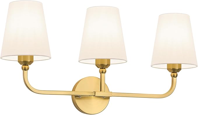 Bathroom Vanity Light, Brushed Gold Bathroom Light Fixtures, 3-Light Lighting Fixtures Over Mirror, Modern Wall Sconce with Flared White Fabric Shade, E26 Socket(ETL Listed)
