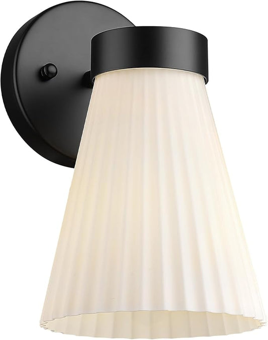 Indoor Wall Light Fixture, HWH Modern Wall Sconce Vanity Light with Frosted White Striped Glass Shade, Matte Black Single Wall Sconce for Bathroom Bedroom, 5HZG97B BK
