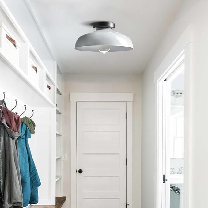 DIRYZON Modern Ceiling Light Industrial Semi Flush Mount Ceiling Light with 12-Inch White Metal Barn Shade