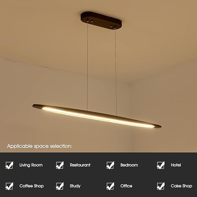 YISDESIGN 39" Wood Linear Pendant Light LED Dimmable Hanging Light Dinning Room Light Fixture Island Lights 24w for Dining Room Kitchen Island Bar Walnut Color