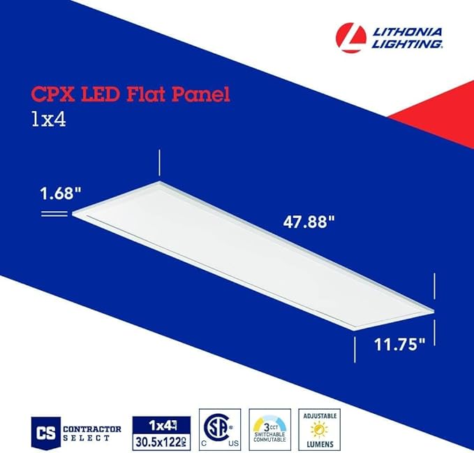 Lithonia Lighting CPX 1x4 LED Flat Panel Light, 1 Ft. x 4 Ft. LED Light Panel, Ceiling Lighting Fixture, 2500/3200/4000 Adjustable Lumens, 3500K/4000K/5000K Switchable CCT, Smooth Satin Lens, White