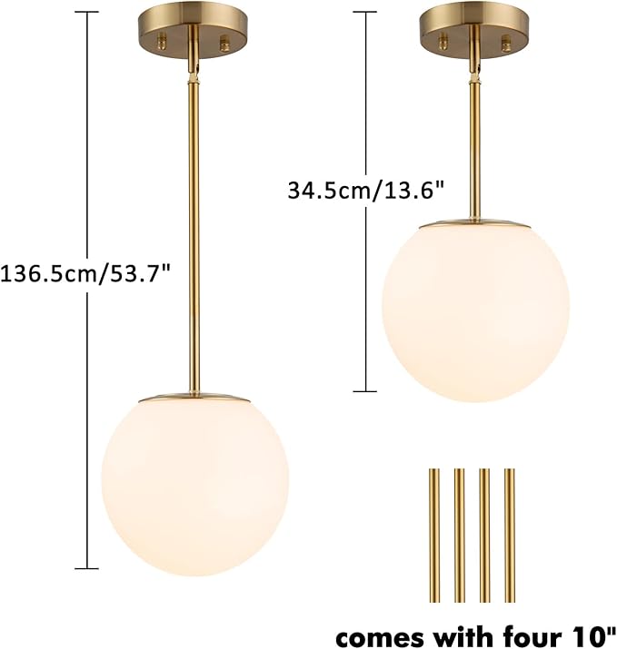 Modern Globe Pendant Light – Large Mid Century, Shatterproof Acrylic Opal Shade, Gold Finish, 2-Light, Adjustable Height for Sloped Ceilings, Hanging Lamp for Kitchen Island Dining Room Hallway