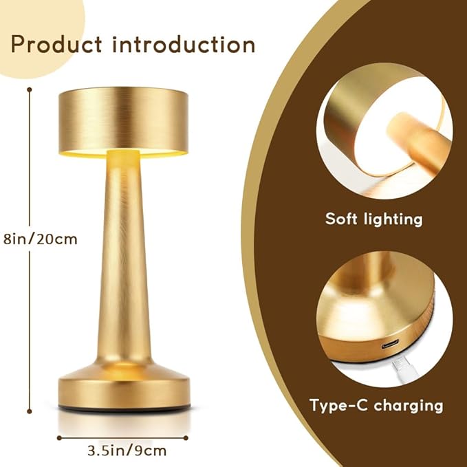 HPUFKOT Portable LED Table Lamp, 3-Levels BrightnessMetal Desk Lamp,3 Color Touch Control RechargeableLamp, Ideal Bedside Lamp for Nightstand, Bedroom,Living Room (Light Golden)