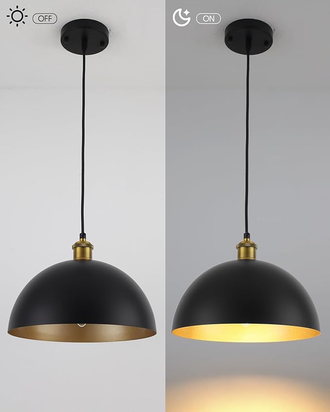 Pendant Lights for Kitchen Island, 11.8" Black and Gold Farmhouse Pendant Light, Dome Pendant Light Fixtures for Dining Room, Living Room, Bedroom, Cafe, Bar, 2 Pack