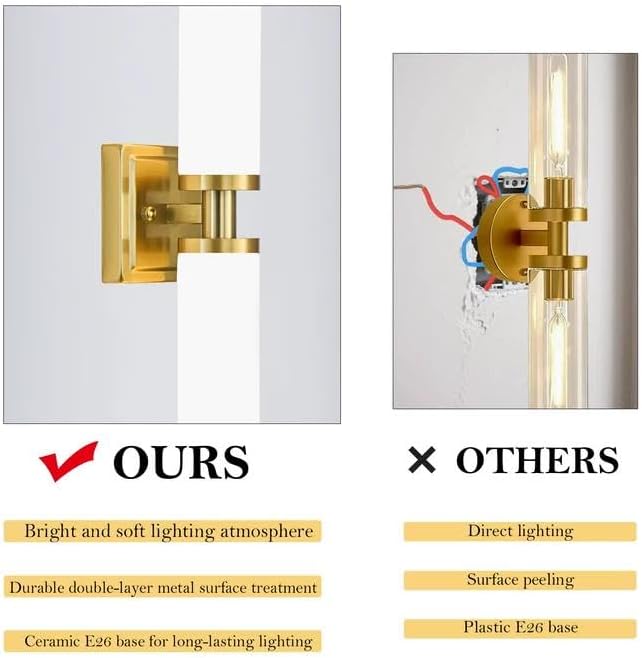 Gold Wall Sconces Set of Two, Bathroom Sconces with Frosted Glass Shade, Modern Vanity Sconces Lighting over Mirror, Wall Light Fixtures for Living Room Bedroom Hallway (Bulbs Not Included)