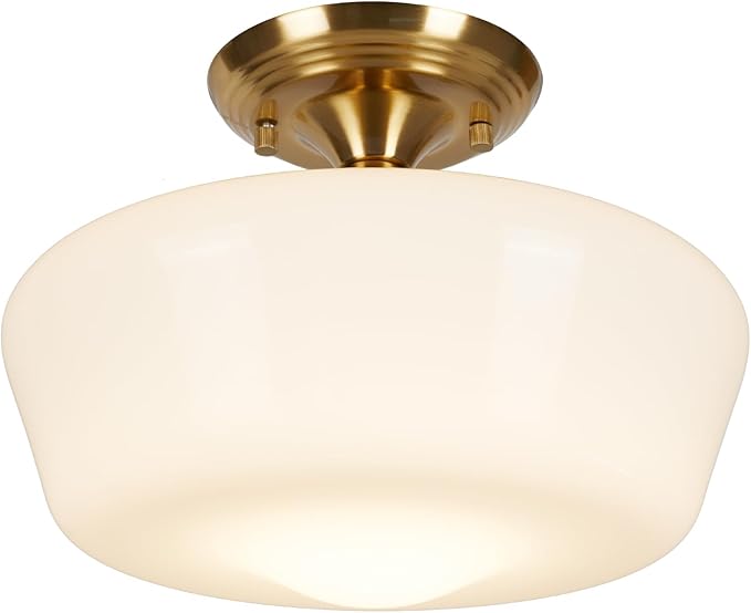 Schoolhouse Style Semi Flush Mount Ceiling Light Fixture, 12" Modern Gold Hallway Ceiling Lamp with Opal Milk Glass Shade Brass, Farmhouse Globe Light for Bedroom Kitchen Hallway Entryway Laundry
