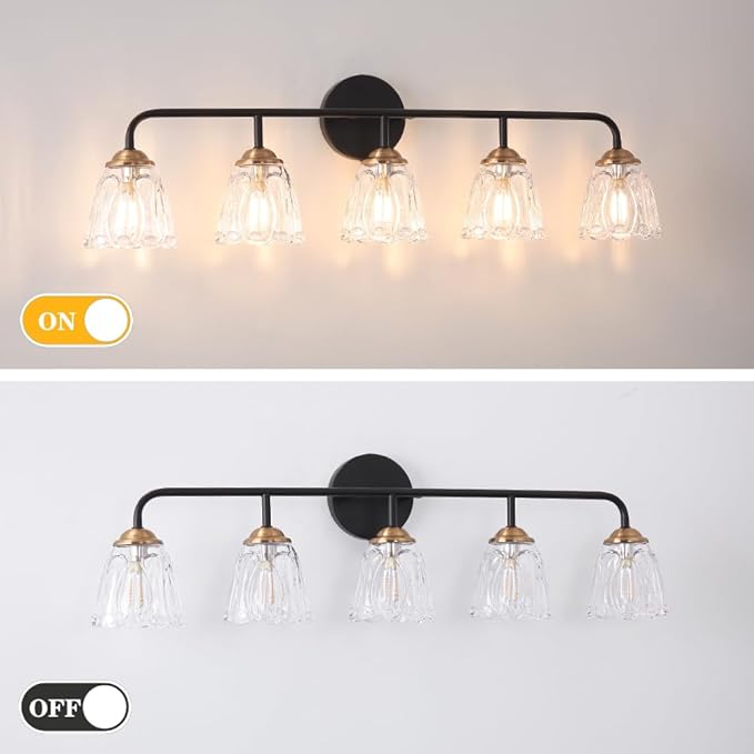 Daunton Vintage Vanity Lighting for Bathroom, Black and Gold Bathroom Vanity Light Fixtures with Clear Glass Shade, Elegant 5-Light Lighting Fixtures Over Mirror, Wall Sconce Lighting for Bedroom
