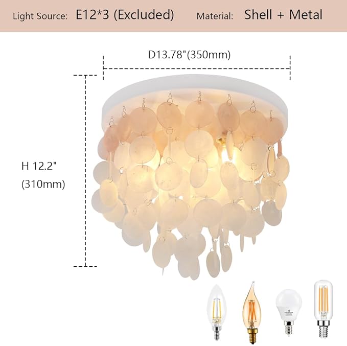Capiz Shell Close to Ceiling Light 3-Light Coastal Flush Mount Ceiling Light Beachy Seashell Chandelier for Living Room Bedroom Kitchen Island Foyer Entryway White and Pink