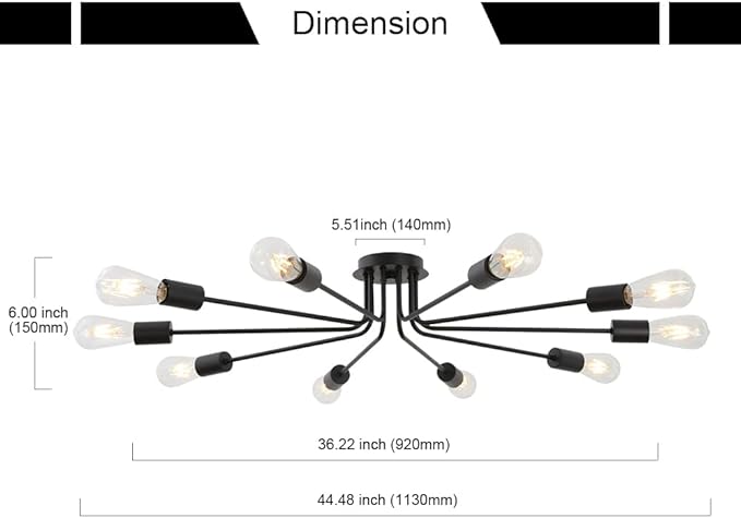 10 Lights Ceiling Light Vintage Metal Semi Flush Mount Light Ceiling Lamp Black Chandelier Lighting Fixture for Living Room Dining Room Kitchen Hallway Cafe