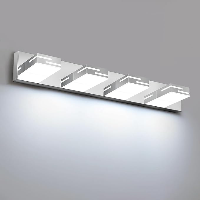 LED Modern Bathroom Vanity Light Fixtures, 4-Light 28-inch Dimmable Chrome Vanity Lights for Bathroom Lighting Fixtures Over Mirror, with 360° Rotatable Heads (Cool White 6000K)