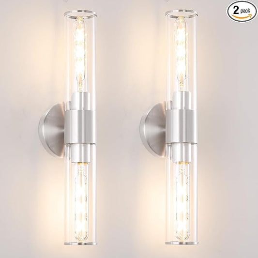Brushed Nickel Wall Sconces Set of 2 (Hardwired Only), Bathroom Vanity Light Fixtures, Modern Cylinder Glass Wall Lights for Mirror 28-40 in Height, NOT Battery Operated, E26 Base (Bulbs Not Included)