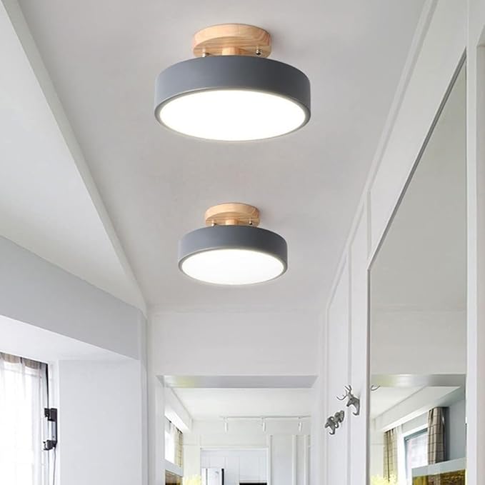 Close To Ceiling Lights Round Metal Three-Color Led Ceiling Light Minimalist Circle Wood Canopy Ceiling Lamp Semi Flush Mount Ceiling Light Fixtures for Restaurant Living Room Kitchen Entry Hallway Ba