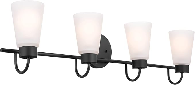 Kichler Erma 4-Light Bathroom Vanity Light Fixture with Satin Etched Glass Shades, Updated Traditional Wall Mount Lighting in Black for Mirror Above Vanity (32.5" x 8.5"), 55127BK
