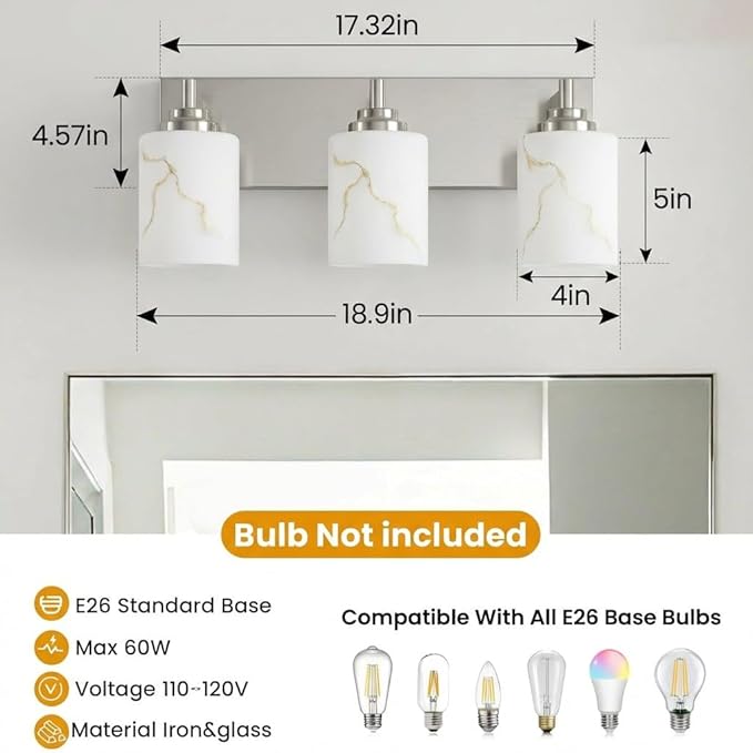 3-Light Bathroom Light Fixture, Brushed Nickel Modern Vanity Light with White Marble Glass Shade, for Bathroom Mirror, Living Room, Bedroom, Hallway, E26 Base, Extended Base