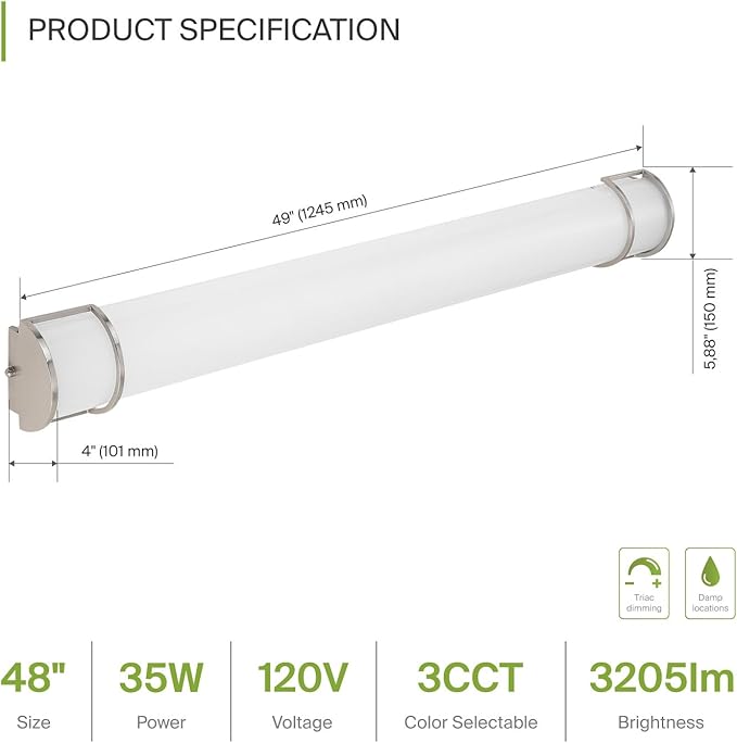 ASD LED 48" Vanity Flush Mount Light Fixture, Linear Bathroom Lighting Bar | 3CCT, Dimmable, Energy Star, ETL Listed | 35W 3200LM 3000-5000K 120V | Long Tube Bath Wall Sconce Over Mirror | Nickel