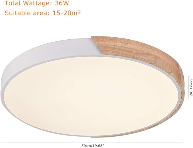 EDISLIVE Modern Minimalist LED Round Shaped Flush Mount Ceiling Light with Remote Control - Dimmable, Wood & Metal & Acrylic, 19 Inch, White