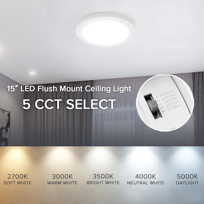 Maxxima 15 in. LED Flush Mount Ceiling Light Fixture, 2100 Lumens, 5 CCT 2700K-5000K, Round Color Selectable Panel Light, Dimmable