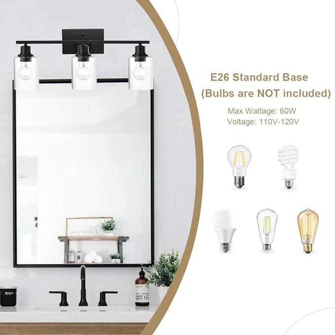 VINLUZ Matte Black Vanity Light for Bathroom 3 Light Farmhouse Indoor Bathroom Lighting Fixtures Over Mirror with Clear Glass Shade for Dressing Table