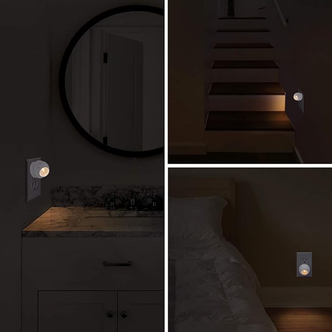 Emotionlite Plug-in Night Lights, Warm White LED Nightlight, 360° Rotation, Dusk to Dawn Sensor, Kids, Adult, Bedroom, Hallway, Bathroom,Kitchen, Stairways, Corridor, 4 Pack