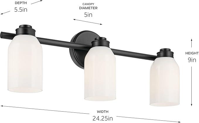 Kichler Shae 24.25" 3-Light Bathroom Vanity Light Fixture with White Opal Glass in Black, Modern Wall Mount Over Mirror for Powder Room (24.25" W x 9" H), 55202BK