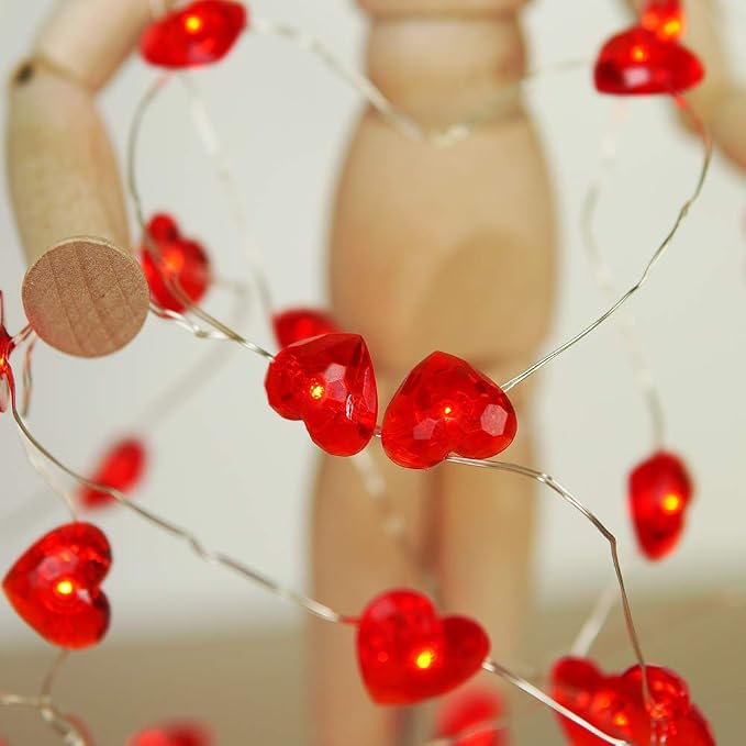 BOHON Valentine Day Decorations 10 ft 40 LEDs String Lights with Remote | Red Heart Shaped Twinkle Fairy Lights Battery Operated for Kids Bedroom Indoor Party Valentine's Day Mother's Day Decor