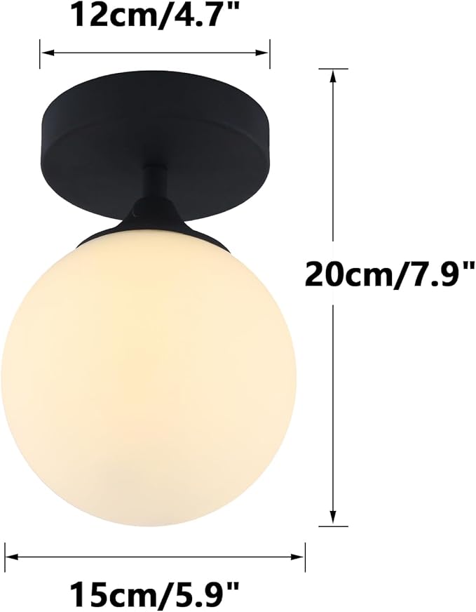 KCO Lighting Mid Century Modern Semi Flush Mount Ceiling Light Fixture White Globe Flush Mount Ceiling Light Farmhouse Black Ceiling Light Milk Glass Hallway Close to Ceiling Light