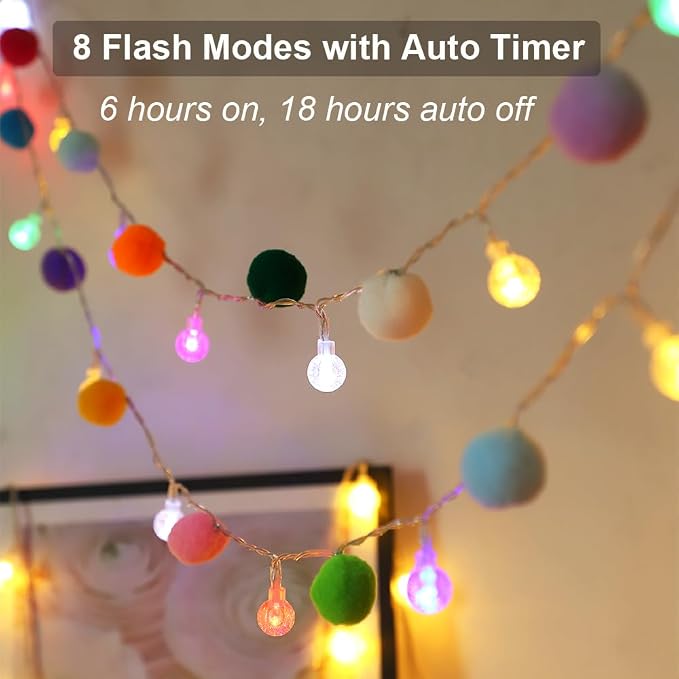 ChiRee 9.85FT String Lights with 20 Cute Pompoms 20 Colorful Bubble Ball LED Indoor String Lights Battery Operated with Timer for Home Bedroom Kids Playhouse Birthday Wedding Party Holiday Christma