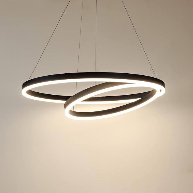 Modern LED Ring Pendant Hanging Round Ceiling Light Fixture,Adjustable LED Pendant Light with 2 Rings for Living Room,Dining Room, Bedroom Warm White Light 4000K,（Black）