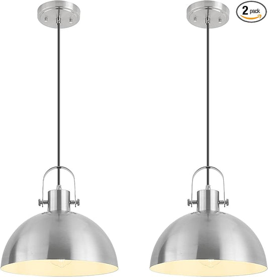 12 Inch Farmhouse Pendant Lights, Brushed Nickel Pendant Lighting for Kitchen Island, lndustrial Adjustable Height Hanging Light for Barn, Dining Room, 2 Pack