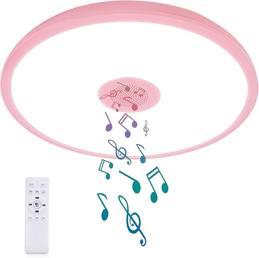 Pink Waterproof LED Ceiling Light Fixture,Music Ceiling Lamp,with Bluetooth Speaker,11Inch 18W, 2700K-6500K Dimmable RGB Color Changing Light with Remote Control,Suitable for Girls' Room