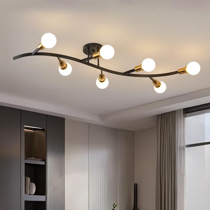 Black and Gold Modern Sputnik Semi Flush Mount Ceiling Light Fixture 7-Lights,Mid Centur Minimalist sputnik Chandelier for Living Room,Dining Room,Bedroom,Kitchen,Hallway(Bulbs Not Included)