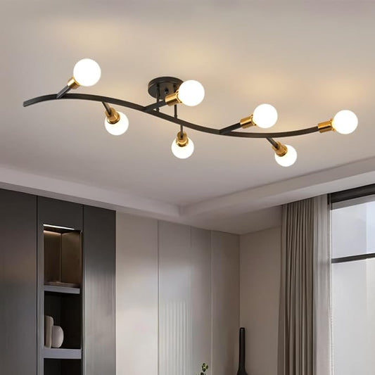 Black and Gold Modern Sputnik Semi Flush Mount Ceiling Light Fixture 7-Lights,Mid Centur Minimalist sputnik Chandelier for Living Room,Dining Room,Bedroom,Kitchen,Hallway(Bulbs Not Included)