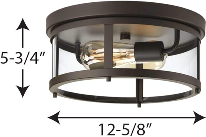 Progress Lighting Gunther Collection 2-Light Clear Glass Farmhouse Outdoor Flush Mount Light Antique Bronze, 5.75x12.63x12.63