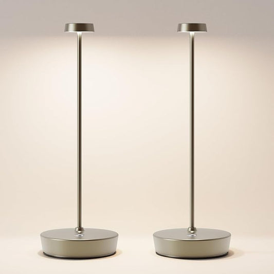 2Pack Cordless LED Table Lamp，Rechargeable Battery Desk Lamps, 3 Color Stepless Dimmable Metal Battery Table Lamps, Portable Table Light for Indoor/Outdoor/Restaurants/Bedroom/Bar