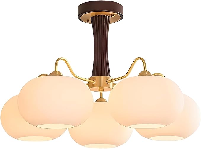 Vintage Flush Mount Ceiling Light 28" Large Semi Flush Mount Ceiling Light with 5-Light,Gold & Wood Design,Glass Lampshade,Ideal for Kitchen Bedroom Farmhouse