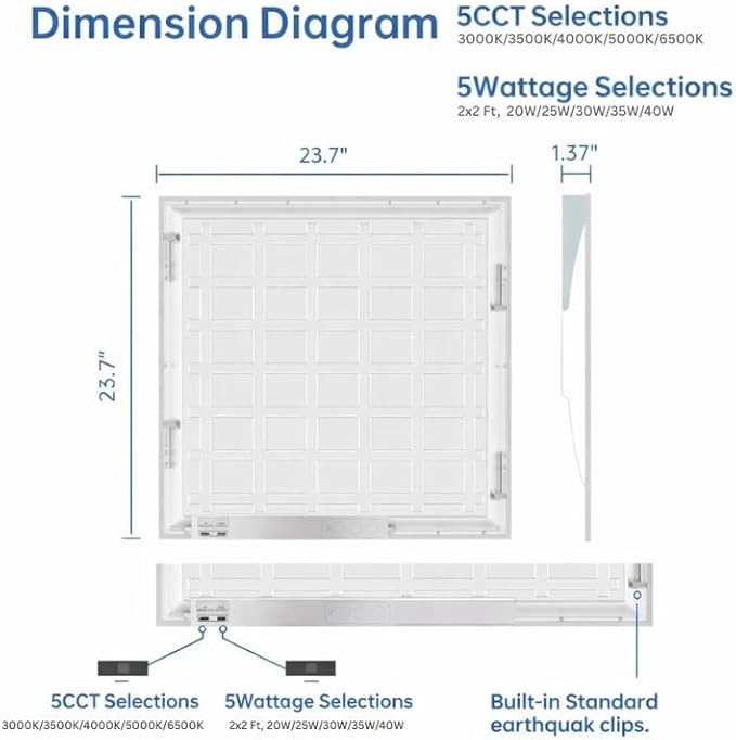 6 Pack 2x2 LED Flat Panel Light for Drop Ceiling, 5200lm Selectable 20W/25W/30W/35W/40W, Color Temperature 3000K/3500K/4000K/5000K/6500K, 0-10V Dimmable, 120-277V, ETL, DLC
