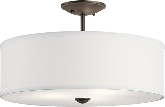 Kichler Shailene 18" 3 Light Round Semi Flush with Satin Etched White Diffuser and White Microfiber Shade in Olde Bronze