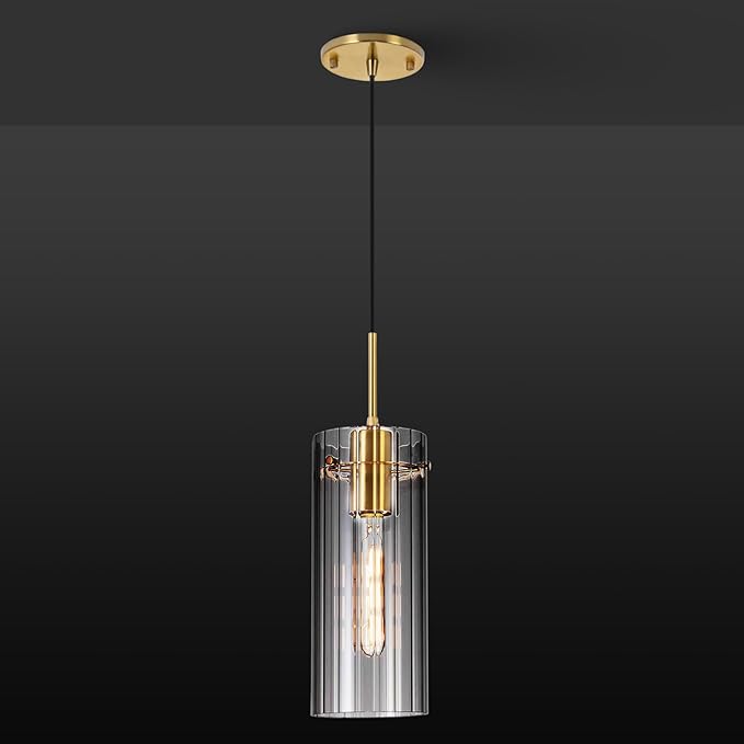 Gold Pendant Light Fixtures, Modern Pendant Lighting with Clear Striped Glass Shade, 1 Light Pendant Lights Kitchen Island, Farmhouse Pendant Lighting for Dining Room
