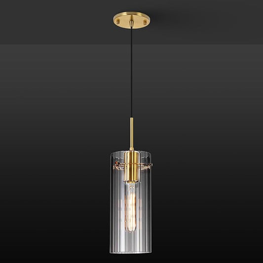 Gold Pendant Light Fixtures, Modern Pendant Lighting with Clear Striped Glass Shade, 1 Light Pendant Lights Kitchen Island, Farmhouse Pendant Lighting for Dining Room