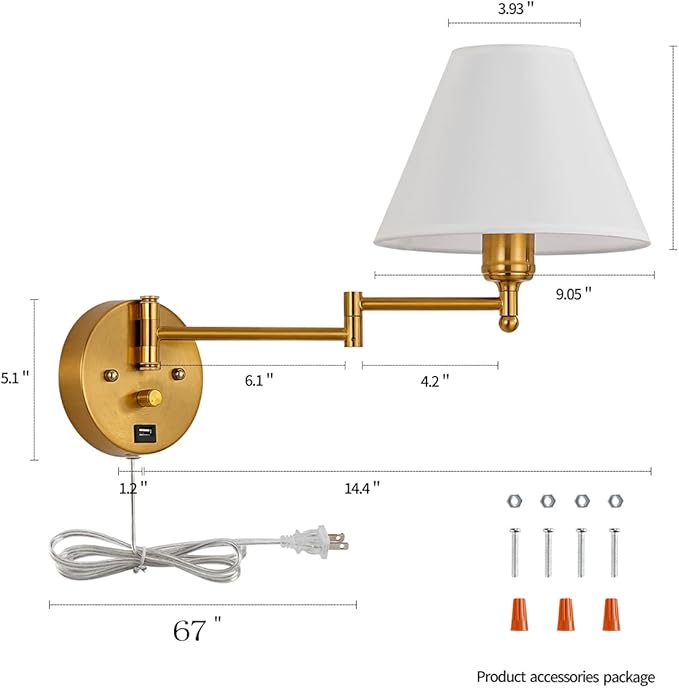 Swing Arm Wall Sconces, Plug-in Wall lamp,Bedroom Wall lamp ， White Fabric Shade，，with dimmable Switch and USB Charging Port, Suitable for Bedside, Living Room, Reading (Golden)