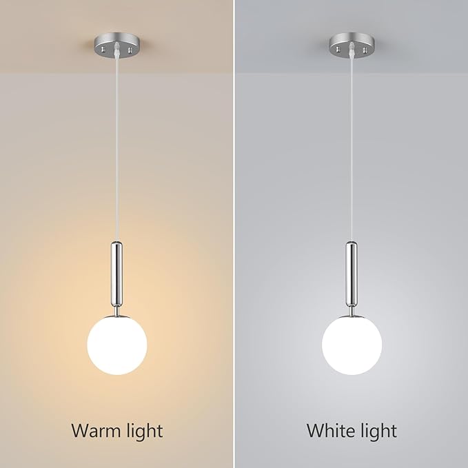 Modern Hanging Light Fixture Pendant Lighting for Kitchen Island Mid Century Chrome Pendant Lights with Globe Milky White Glass Pendant Light for Bedroom Bathroom Entryway (1 Pack)
