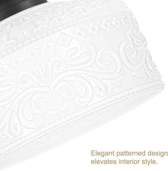 Artistic Black Handcrafted Semi Flush Mount Ceiling Light - 9.45 Inch Vintage White Glass Shade with Etched Patterns, Easy Install, Small Ceiling Light Fixture for Hallway, Kitchen, Bedroom
