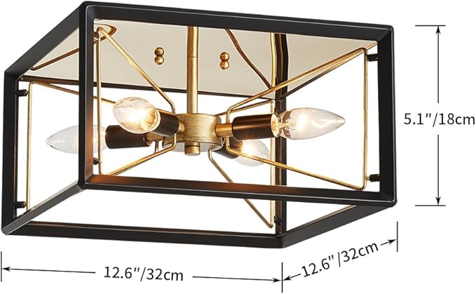 AGV LIGHTING CL047BB Modern Ceiling Light, Semi-Flushmount Close to Ceiling Light Fixture, Perfect for Living Space, D13 x H5, 4 x E12 Socket, Rustic Brass & Matte Black Finish