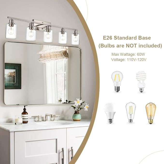 VINLUZ 5-Light Bathroom Vanity Light Fixtures in Brushed Nickel Finish Indoor Wall Sconce Lighting Over Mirror with Clear Glass Shade for Living Room, Bedroom, Hallway