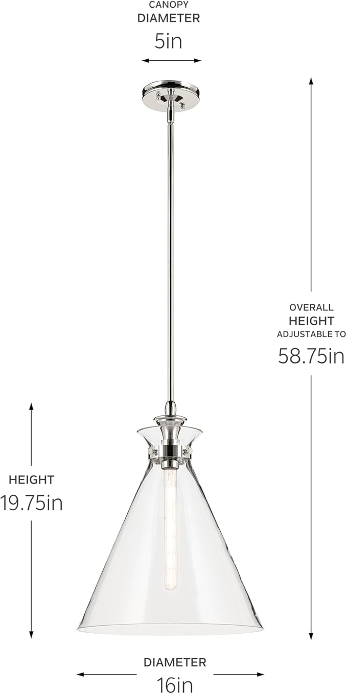 Kichler Laria 1-Light Pendant, Updated Traditional Light, Sloped Ceiling Compatible, for Kitchen with Clear Glass in Polished Nickel (19.75" x 16"), 52775PNCLR