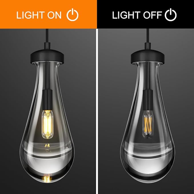 Raindrop Pendant Light Set of 2, Black 4.7-inch Clear Glass Teardrop Chandelier for Kitchen Island, Modern Pendant Lighting for Dining Room, Bedroom, Hallway, Adjustable Hanging Cord, Included Bulb