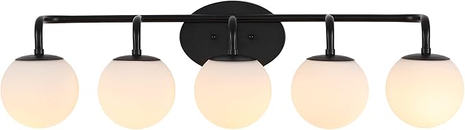 JONATHAN Y 33" Black Modern Globe Wall Sconce Vanity Light for Bathroom, White Frosted Glass Shade, Midcentury Parisian Bistro Wall Lamp, LED Bulb Included (JYL3559B)